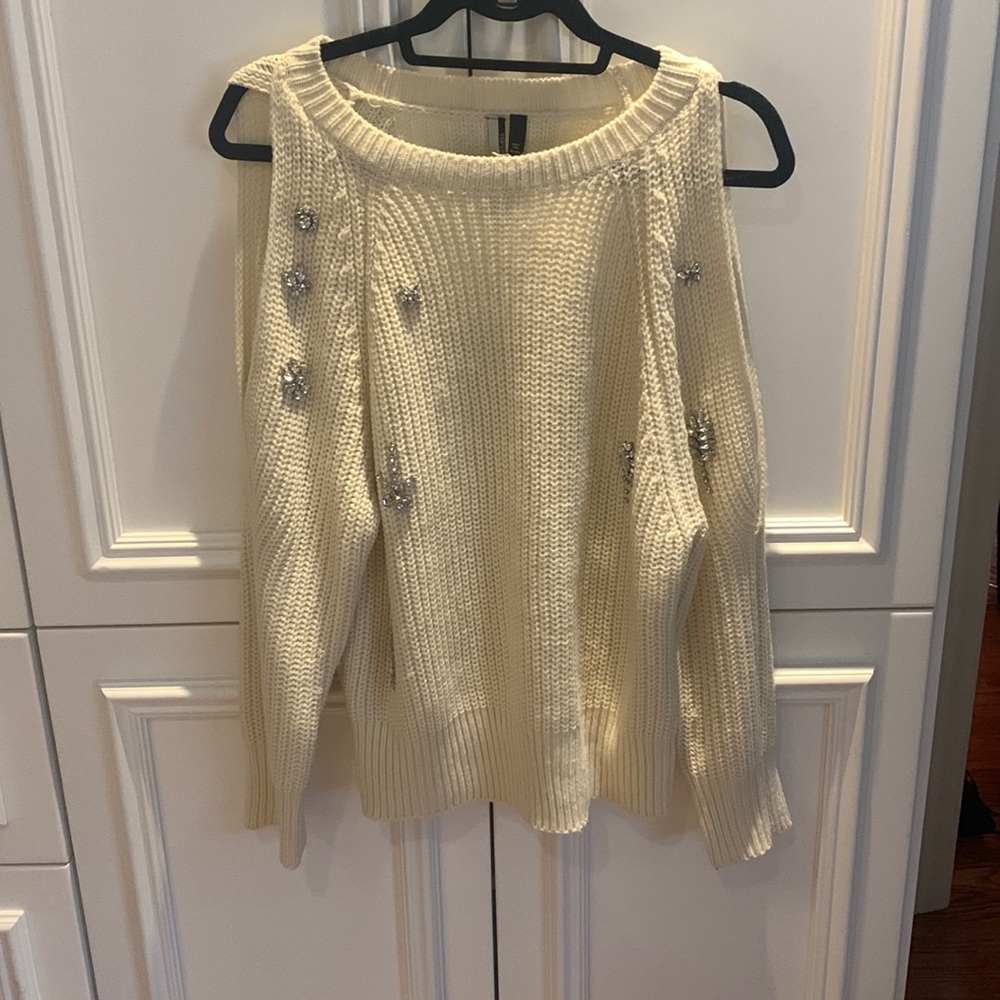 Topshop Cream Ribbed Embellished Cold Shoulder Crew Neck Sweater